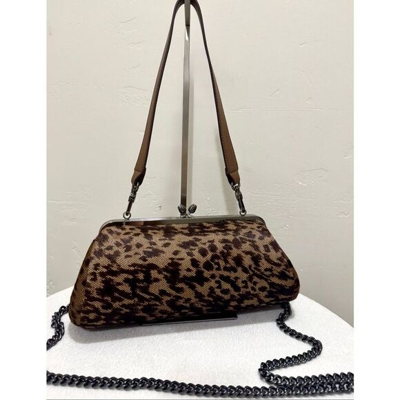 Genuine Hair On Calf-hide Handmade Tulip" Shaped Kisslock Baguette Bag - Picture 2 of 16